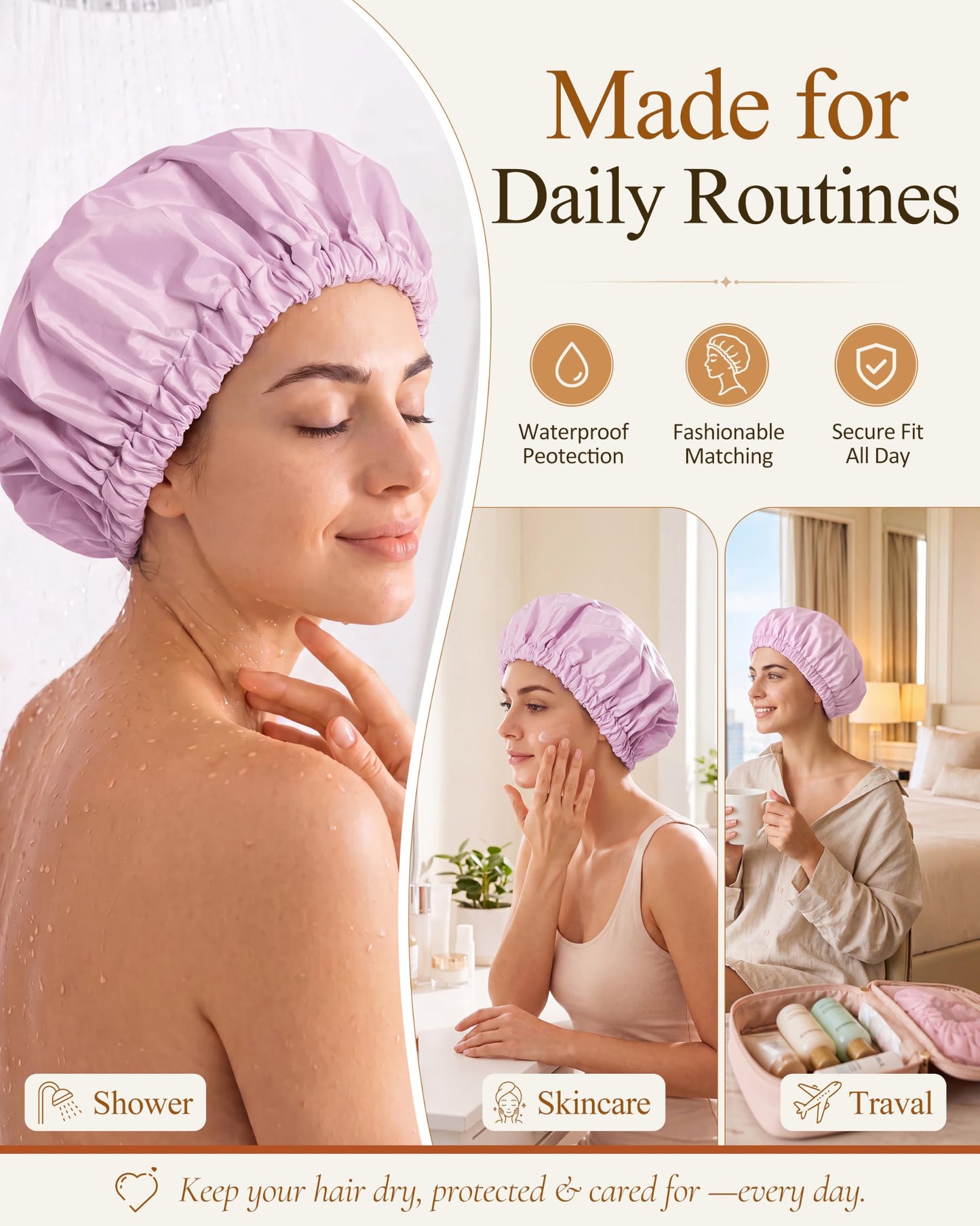 Edoneery Shower Caps for Women Reusable Waterproof, Shower Hair Cap