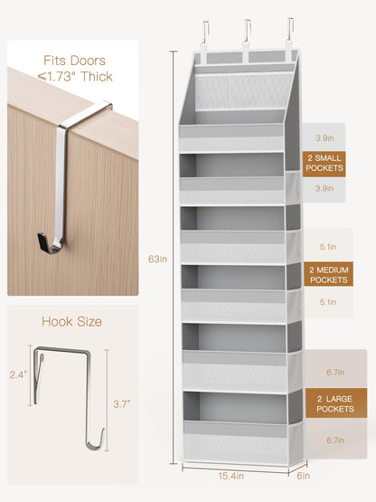 Criusia Over the Door Organizer, Heavy-Duty 6-Shelf Hanging Storage with 13 Mesh Pockets, 55lbs Capacity Behind the Door Storage for Nursery, Bathroom, Bedroom, and Dorm, White
