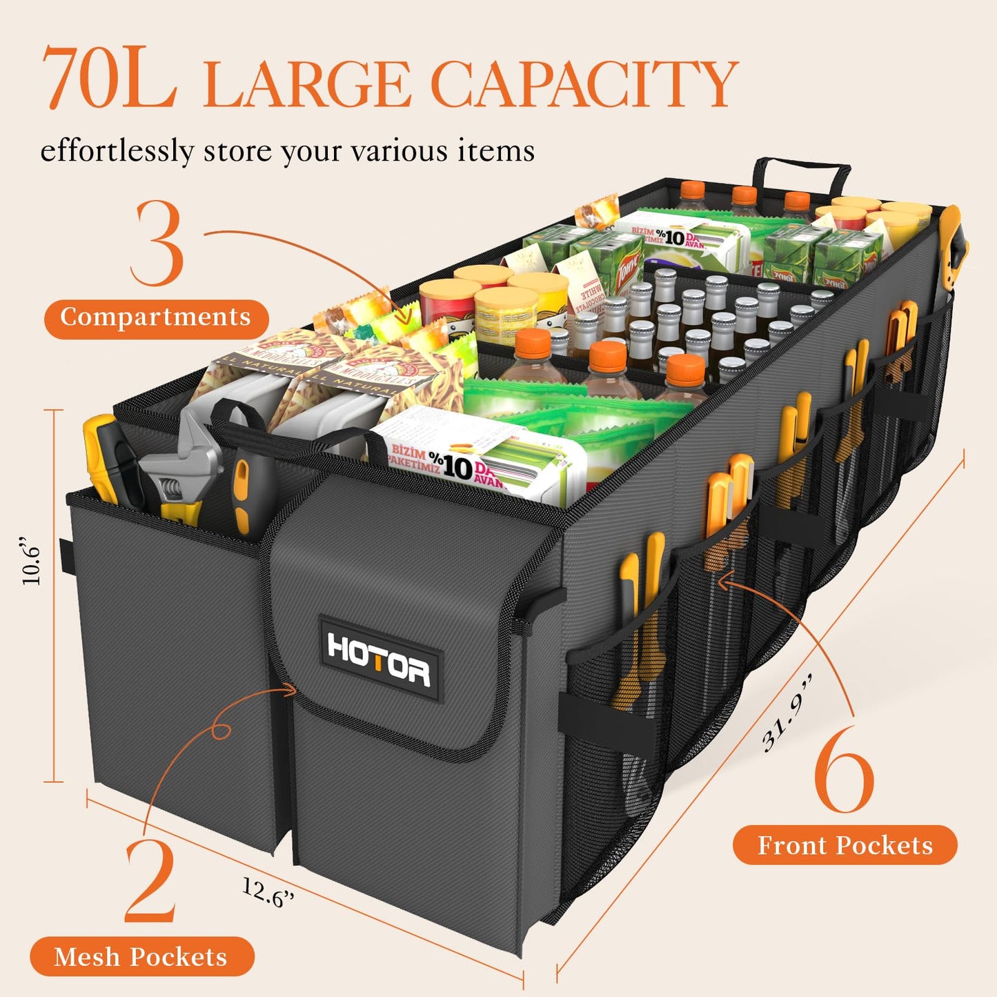 HOTOR Trunk Organizer - Foldable Car Organizer for SUVs & Sedans Storage