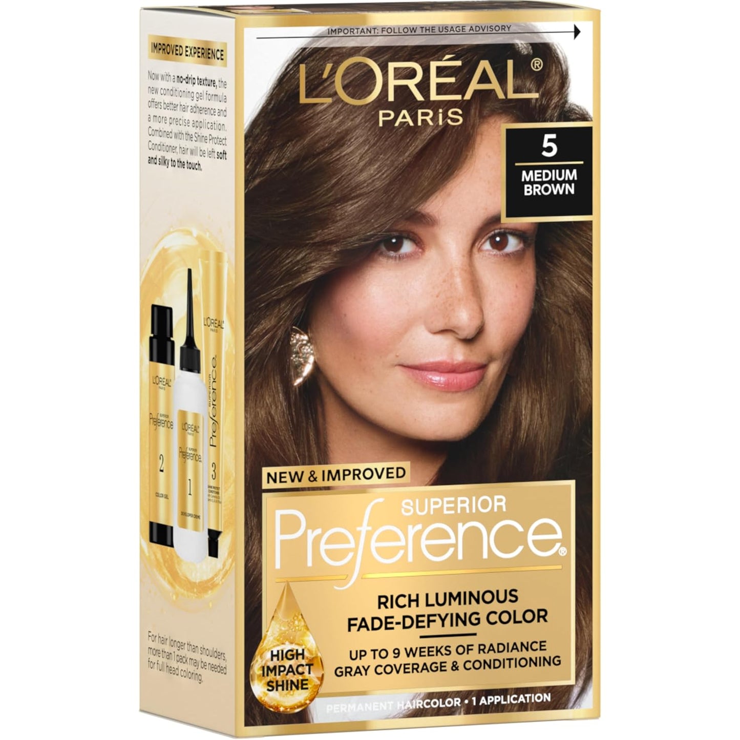 L'Oreal Paris Superior Preference Luminous Fade-Defying Permanent Hair Color, Hair Dye For Up to 9 Weeks of Radiance, Medium Brown 5, 1 Hair Dye Kit