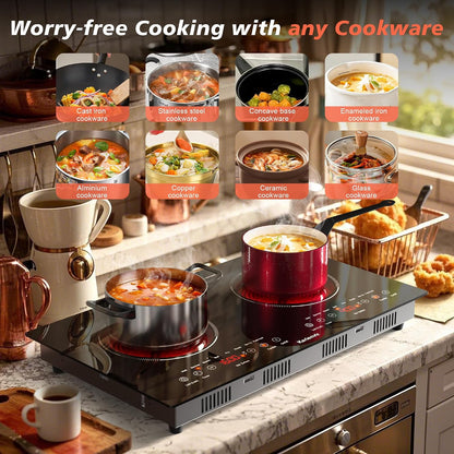 2 Burner Electric Cooktop 110V, 2000W, 24" Countertop & Built-in