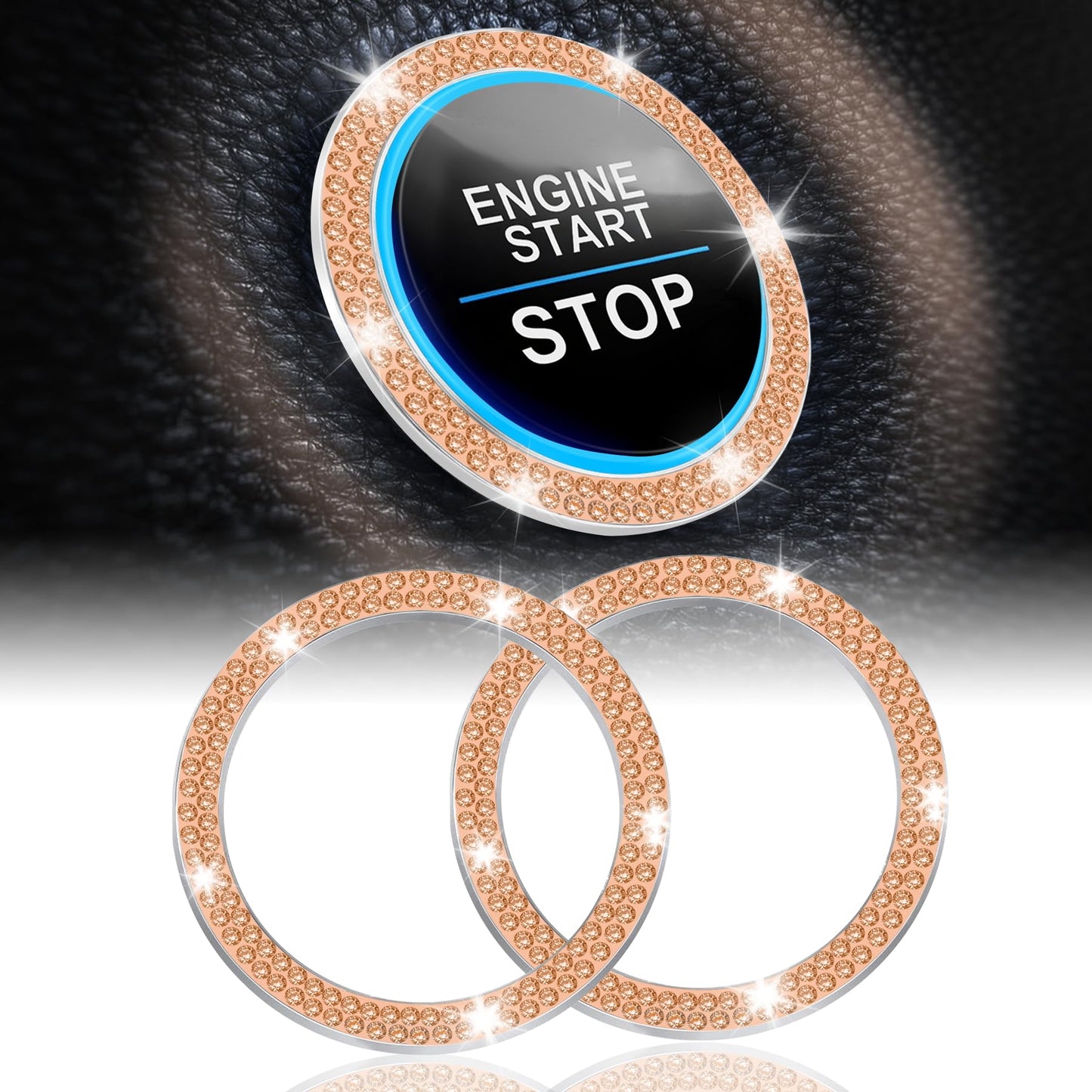 LivTee 2 PCS Crystal Double Rhinestone Car Engine Start Stop Decoration Ring, Bling Car Interior Accessories for Women, Push to Start Button Cover Sticker, Automotive Decals, Light Green