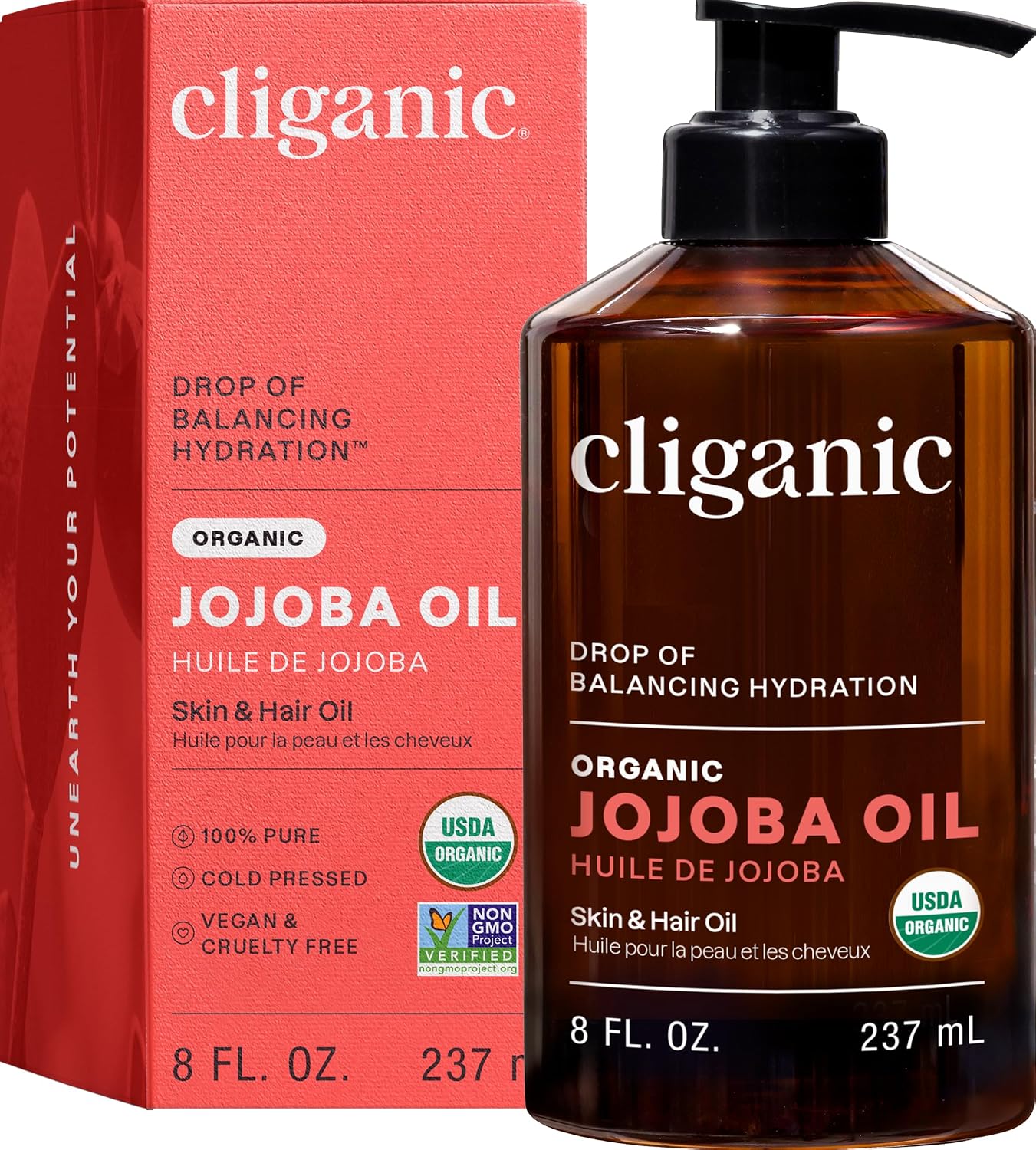 Cliganic Organic Jojoba Oil, 100% Pure Cold Pressed for Face & Hair, 4oz