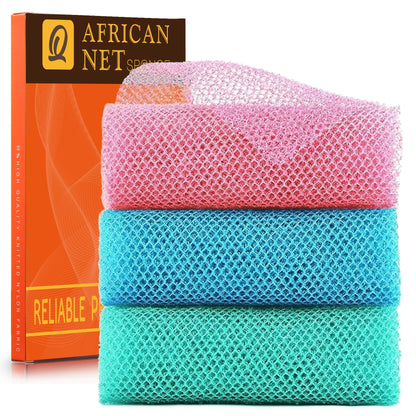 UJFQBH African Net Sponge Authenti, Exfoliating Body Scrubber for Back and Hard to Reach Areas, Gentle Daily Exfoliation for Deep Cleansing, Quick Drying Shower Essential, Aqua Grey 3 Pack