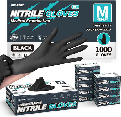 BEASTEK Black Nitrile Exam Gloves, 4 Mil, Powder-Free Food Prep Disposable