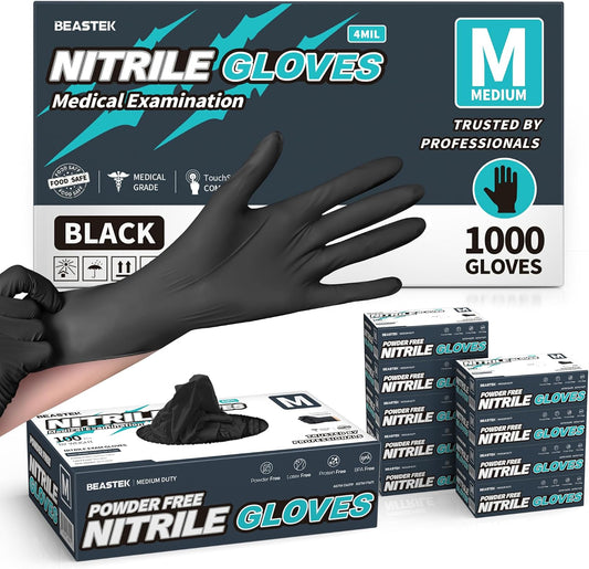 BEASTEK Black Nitrile Exam Gloves, 4 Mil, Powder-Free Food Prep Disposable