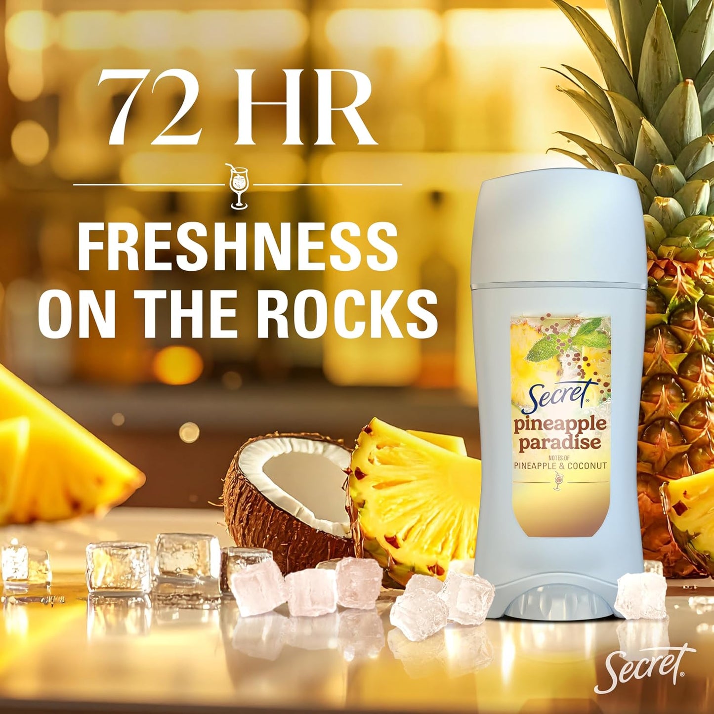 Secret Fresh Antiperspirant Deodorant for Women, 72hr Freshness on the Rocks with Pro-Hyaluronic Acid, Miami Mocktails Edition, Clear Gel, Pineapple Paradise with Pineapple & Coconut Scent, 2.6 oz