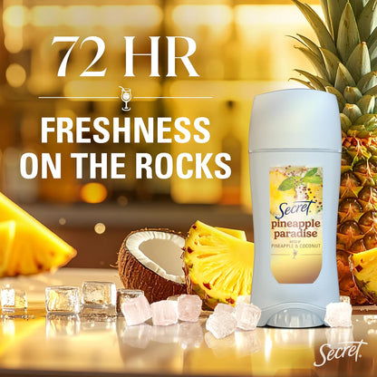 Secret Fresh Antiperspirant Deodorant for Women, 72hr Freshness on the Rocks with Pro-Hyaluronic Acid, Miami Mocktails Edition, Clear Gel, Pineapple Paradise with Pineapple & Coconut Scent, 2.6 oz