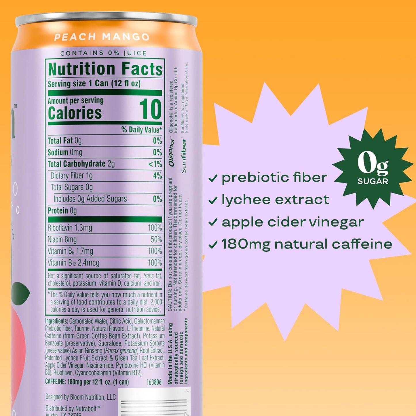 Bloom Nutrition Zero Sugar Energy Drink, Apple Crisp, 12oz 12pk