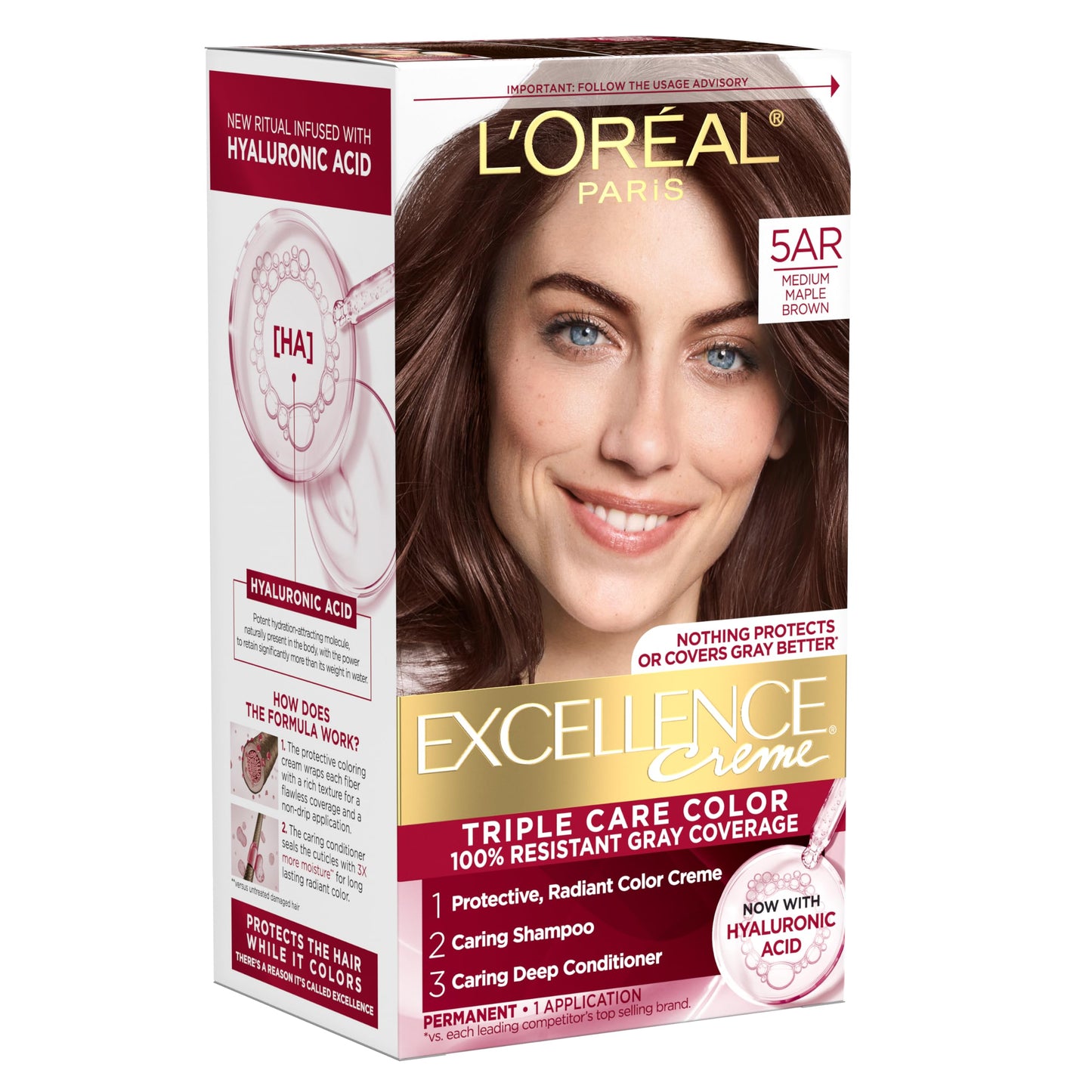 L'Oreal Paris Excellence Crème Permanent Hair Dye, Triple Care Hair Color with Hyaluronic Acid for 100% Gray Coverage, 4 Dark Brown, 1 Kit (Packaging May Vary)