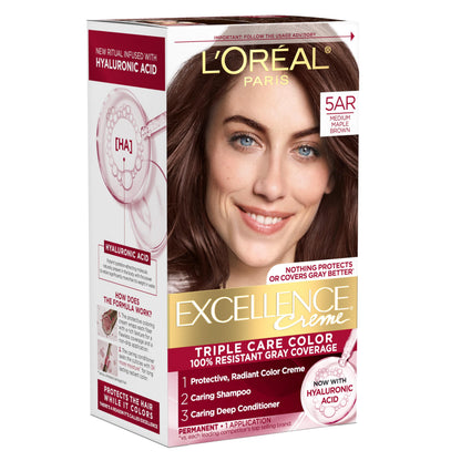 L'Oreal Paris Excellence Crème Permanent Hair Dye, Triple Care Hair Color with Hyaluronic Acid for 100% Gray Coverage, 4 Dark Brown, 1 Kit (Packaging May Vary)