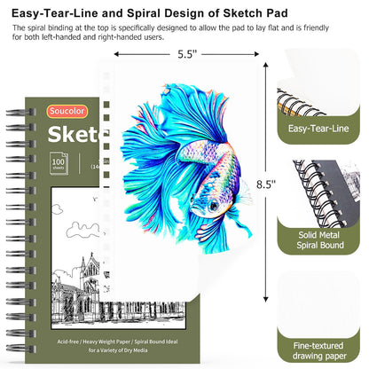Soucolor Sketch Book 9" x 12", 100 Sheets Kids Art Sketchbook Drawing Pad