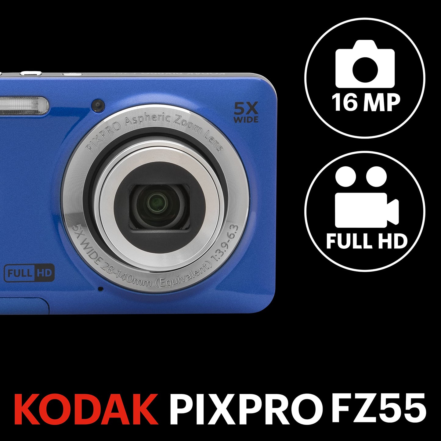 KODAK PIXPRO FZ55 16MP Compact Digital Camera, 5X Optical Zoom, Black