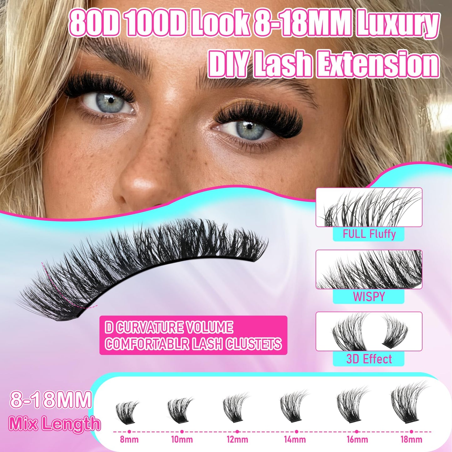 Lash Clusters Wispy 100D Eyelash Clusters 10-18mm Fluff Cluster Eyelash Extensions D Curl No Plastic Feel Individual Lashes Extension 204 Pcs Versatile False Eyelashes Clusters