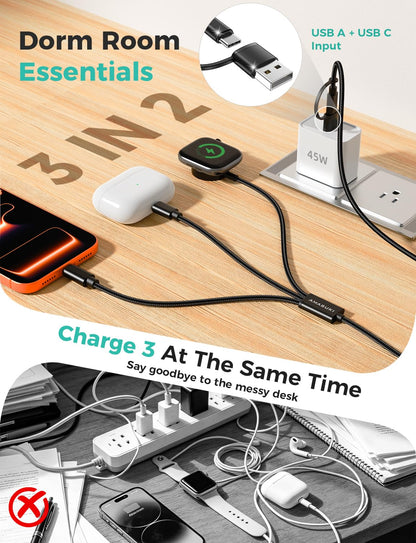 2026 Travel Essentials for Apple Watch Charger,Cruise Vacation Camping Essentials,iPhone Charger,Multi Charging Cable,3 in 2 Charging Docks for iWatch Series 11-2/Ultra,iPhone 17-12,Car