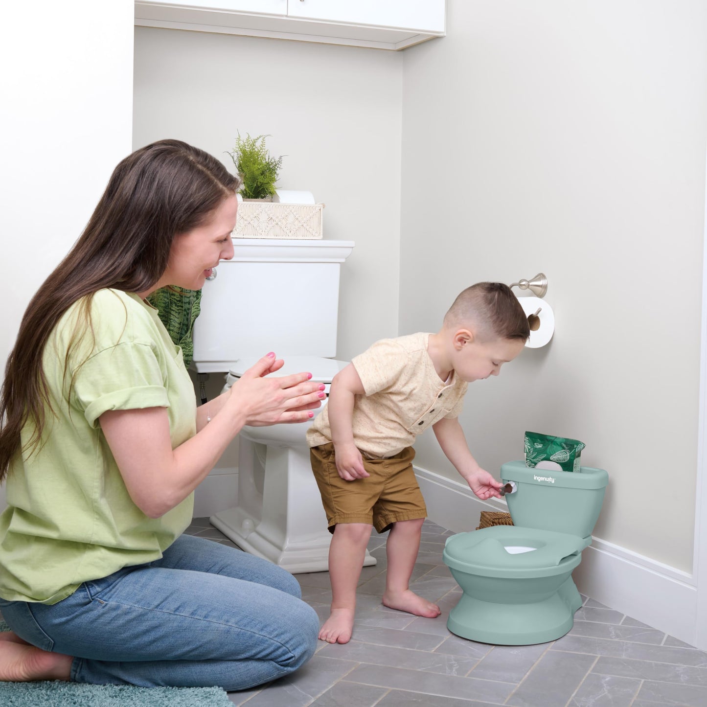 Ingenuity My Size Potty Pro 2-in-1 Potty Training Toilet, Floor Potty with Removable Potty Seat for Standard Toilets, Realistic Flushing Sound, for Toddlers Ages 18+ Months, Up to 50 lb