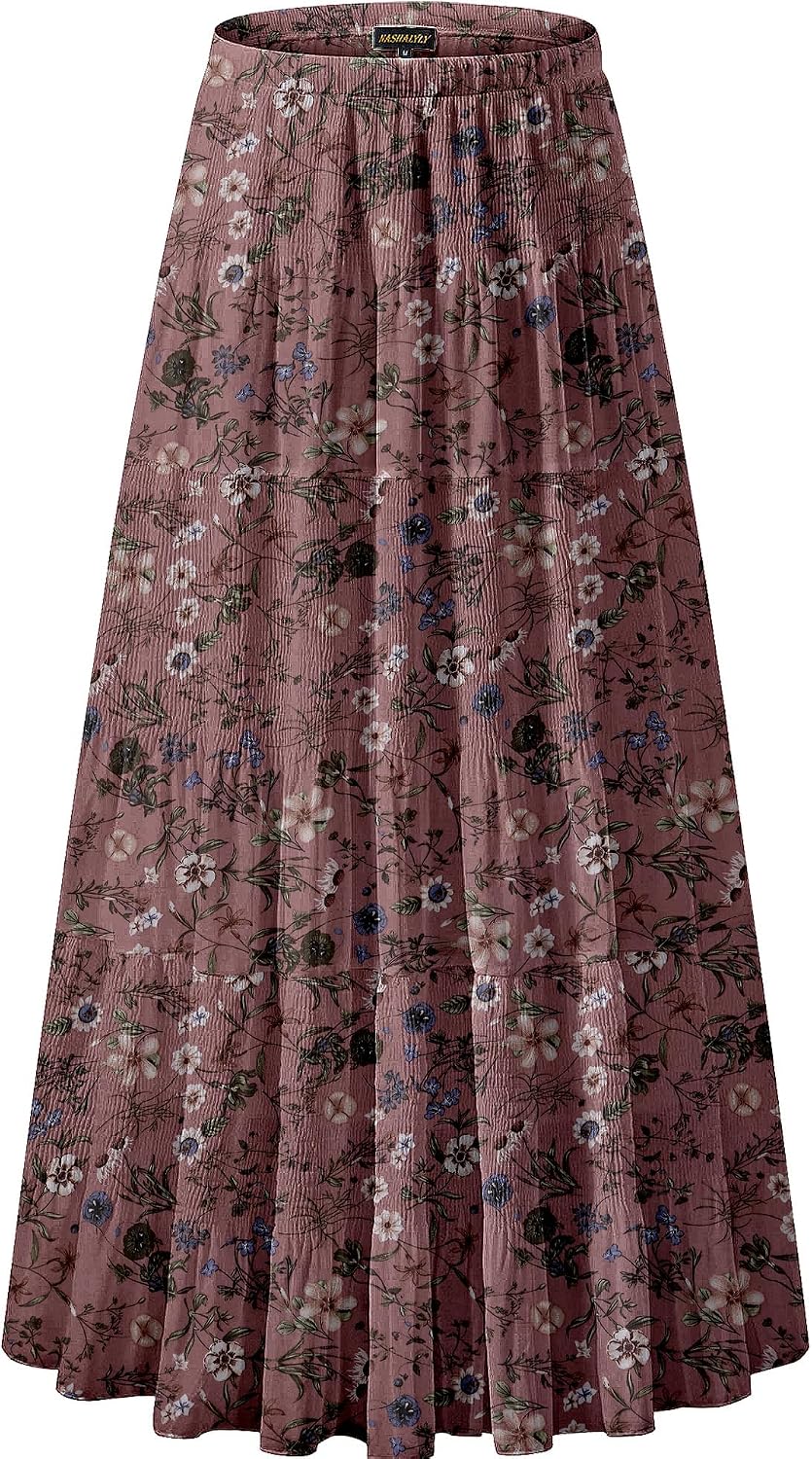 NASHALYLY Women's Chiffon Elastic High Waist Pleated A-Line Maxi Skirts