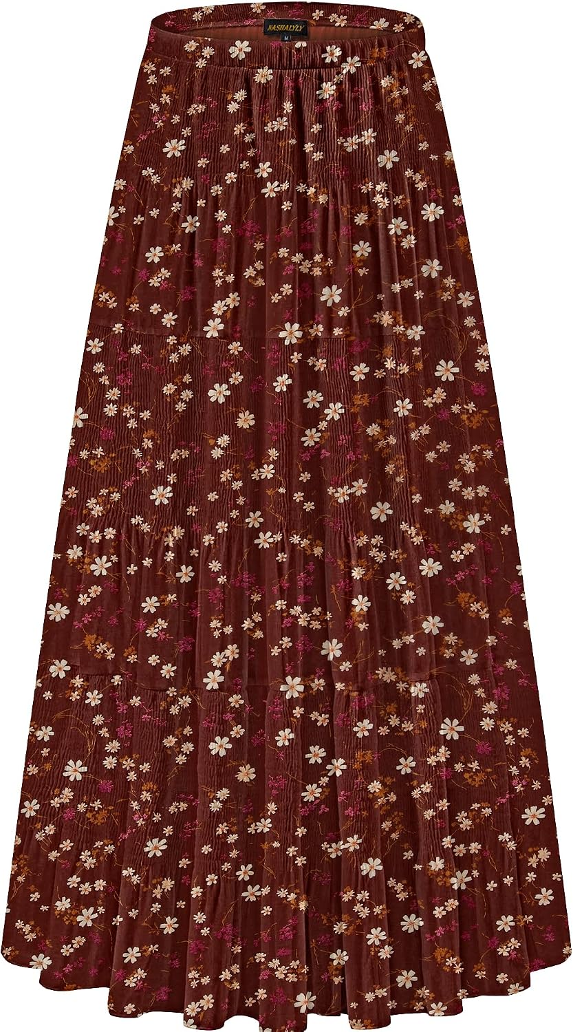 NASHALYLY Women's Chiffon Elastic High Waist Pleated A-Line Maxi Skirts