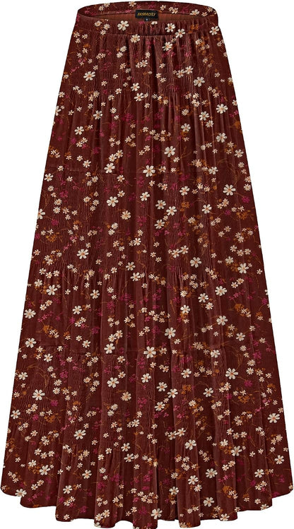 NASHALYLY Women's Chiffon Elastic High Waist Pleated A-Line Maxi Skirts
