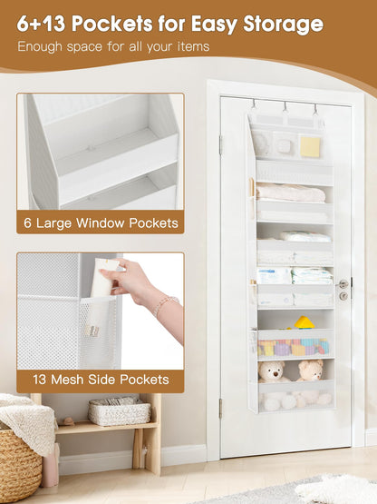 Criusia Over the Door Organizer, Heavy-Duty 6-Shelf Hanging Storage with 13 Mesh Pockets, 55lbs Capacity Behind the Door Storage for Nursery, Bathroom, Bedroom, and Dorm, White