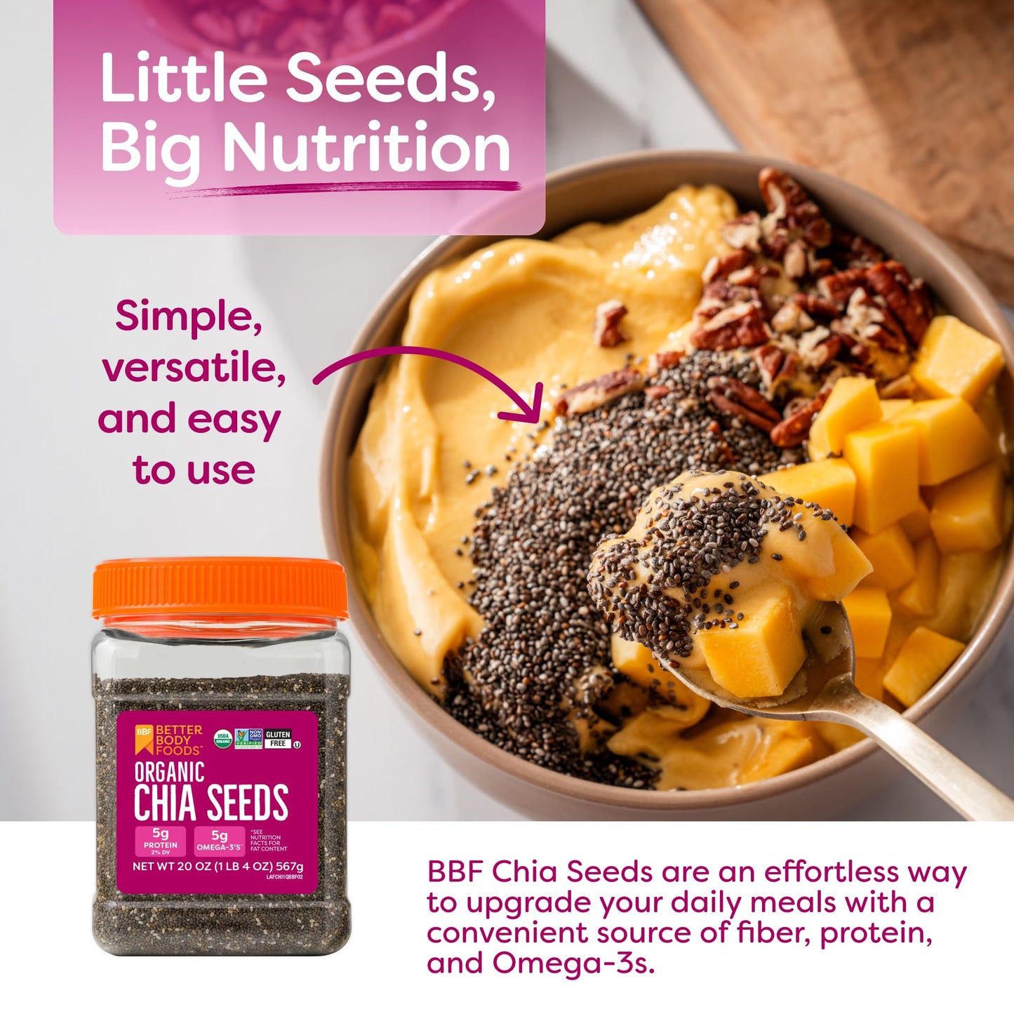 BBF Organic Chia Seeds 32 Oz, Omega-3 & Fiber, Pudding, Smoothies, Oatmeal