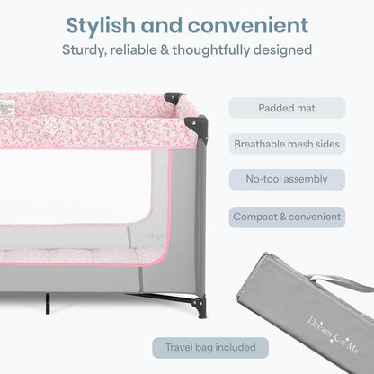 Dream On Me Zodiak Portable Playard, Compact for Travel, Carry Bag, Gray & Pink