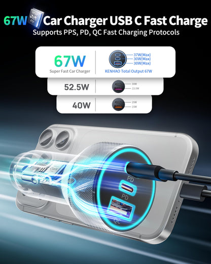 67W 3-Port Super Fast Type C Car Charger USB C for Samsung S26 S25 S24 S23