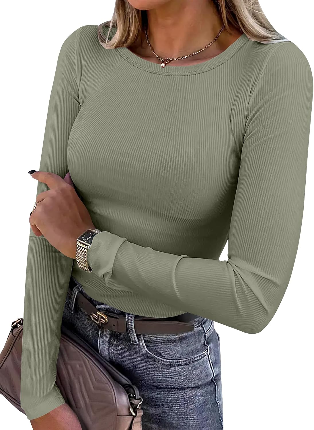 ANRABESS Women Long Sleeve Shirts Ribbed Fitted Tops
