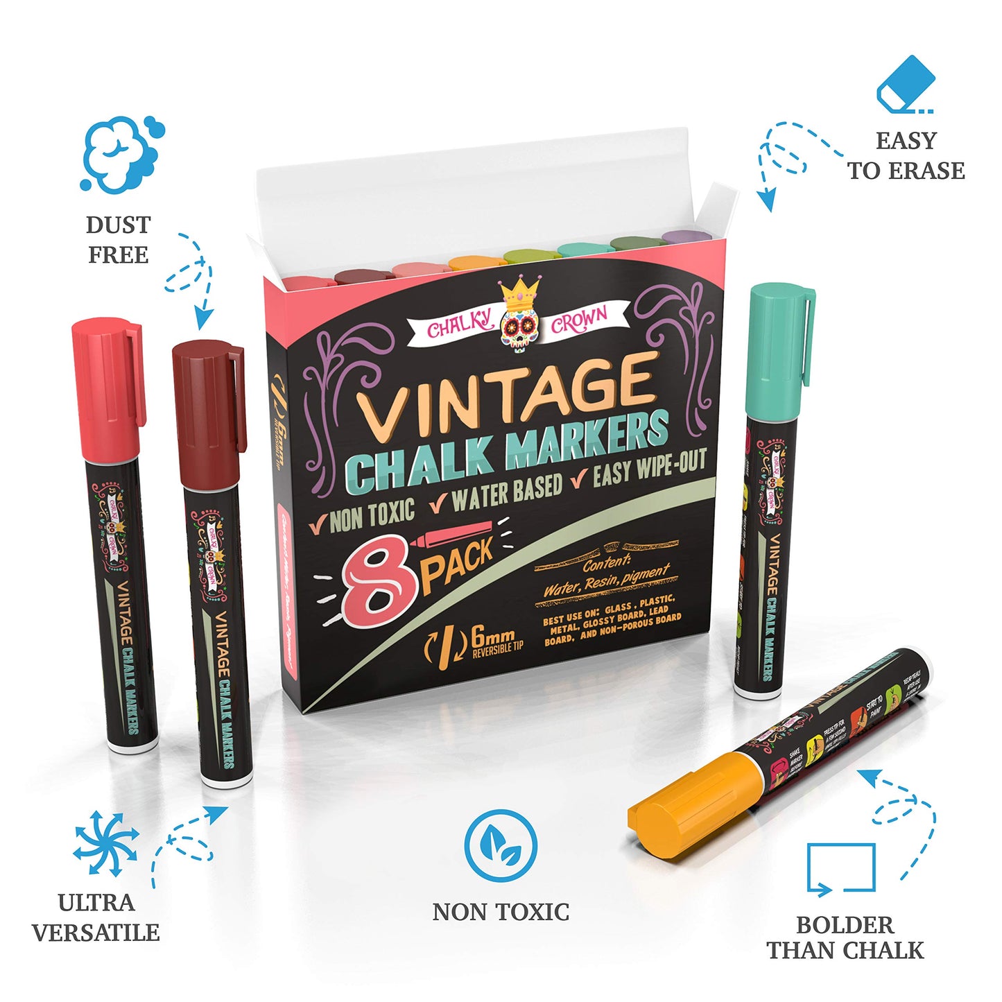 CHALKY CROWN Liquid Chalk Markers - Bold Chalkboard Markers - 8 Pack, 6mm