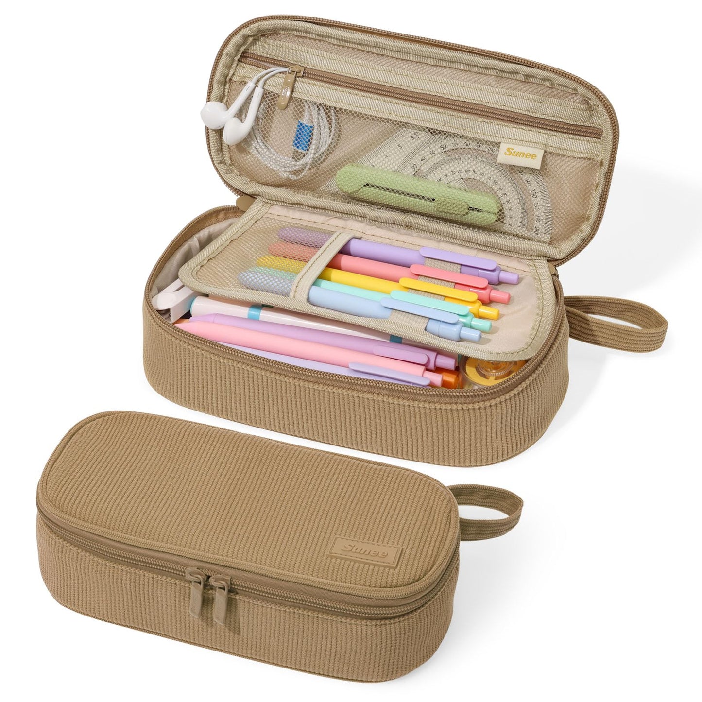SUNEE Cute Pencil Case, Soft Corduroy Large Capacity Pencil Pouch, Aesthetic Zipper Pencil Bag, Big Storage Pen Organizer for Stationery, Pencil Box Back to School Supplies for Teen Girls Boys, Beige