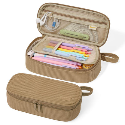 SUNEE Cute Pencil Case, Soft Corduroy Large Capacity Pencil Pouch, Aesthetic Zipper Pencil Bag, Big Storage Pen Organizer for Stationery, Pencil Box Back to School Supplies for Teen Girls Boys, Beige