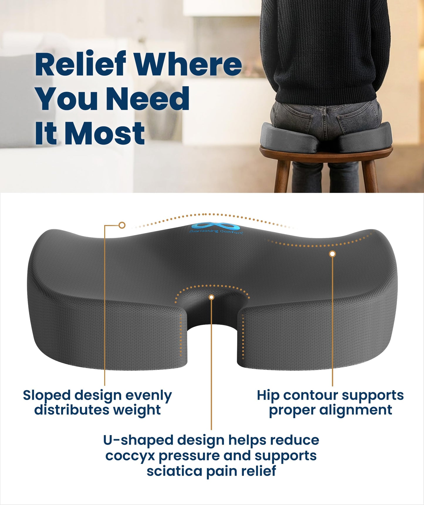 Everlasting Comfort Doctor Recommended Memory Foam Seat Cushion for Office Chairs & Car - Ergonomic Office Desk Accessories - Cushions for Tailbone Pain Relief, Sciatica (Black, Large)