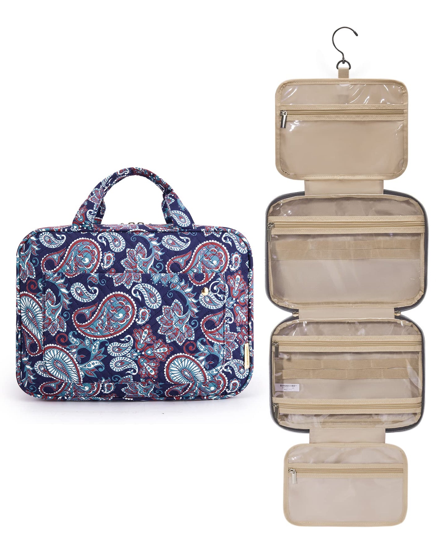 BAGSMART Large Toiletry Bag Travel Bag with Hanging Hook, Water-resistant Makeup Cosmetic Bag Travel Organizer for Accessories, Shampoo, Full Sized Container, Toiletries