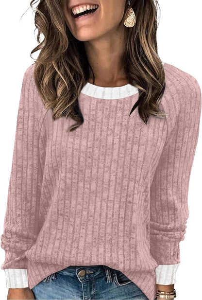 WIHOLL Long Sleeve Shirts for Women Lightweight Sweaters Fall Outfits 2026 Color Block Winter Clothing Dressy Casual Soft