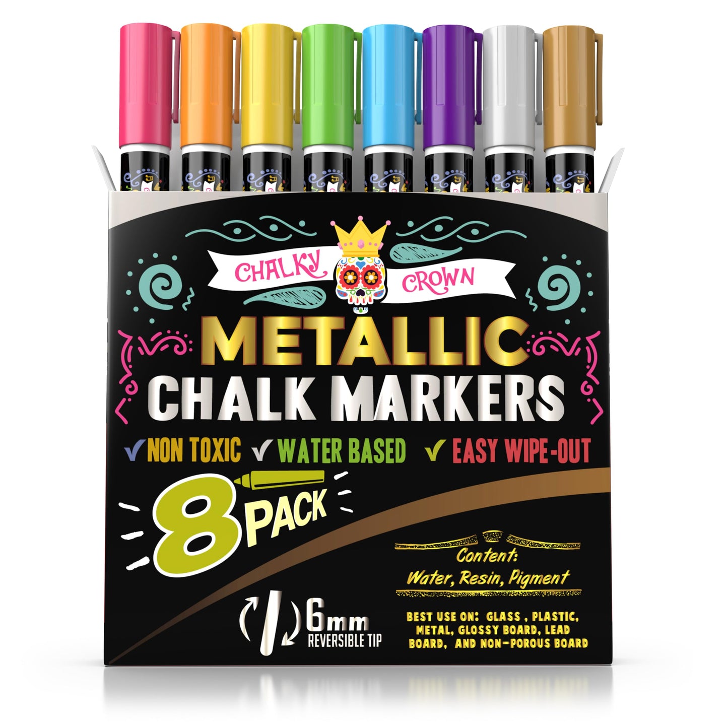 CHALKY CROWN Liquid Chalk Markers - Bold Chalkboard Markers - 8 Pack, 6mm