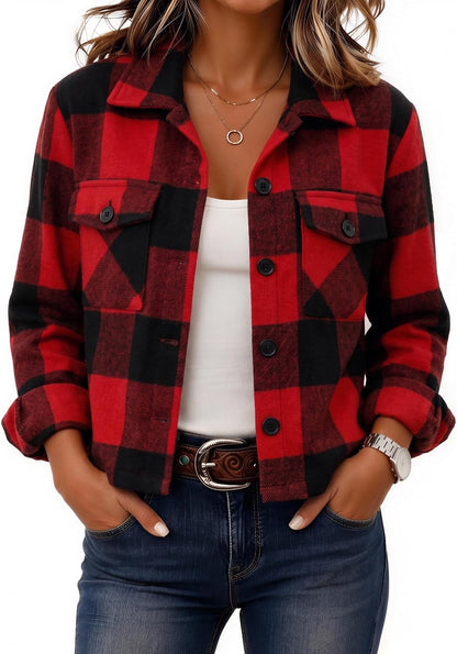 Zeagoo Flannels for Women Cropped Shacket Jacket Fashion Plaid Fall Coat