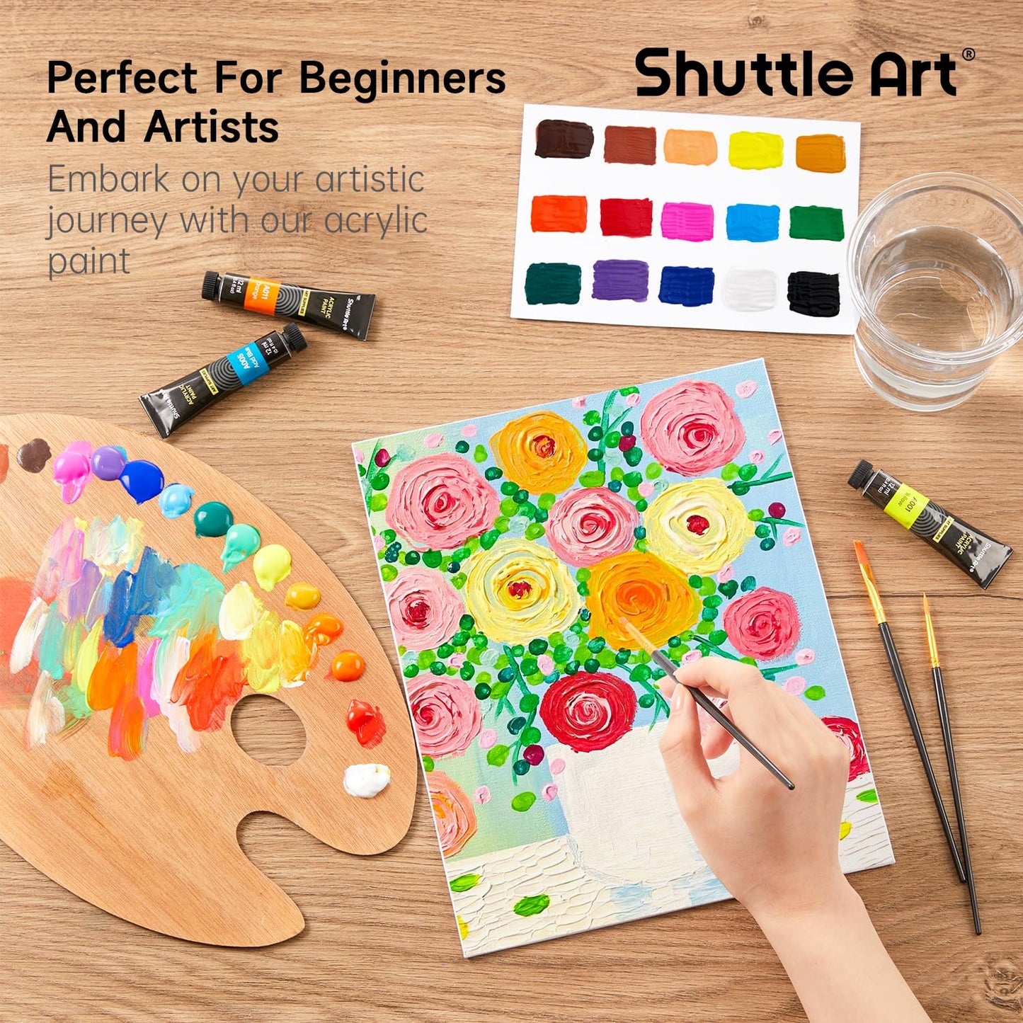 Shuttle Art Acrylic Paint Set, 30 x12ml Tubes Artist Quality Non Toxic Rich Pigments Colors Great for Kids Adults Professional Painting on Rocks Canvas Wood Clay Fabric Ceramic Crafts