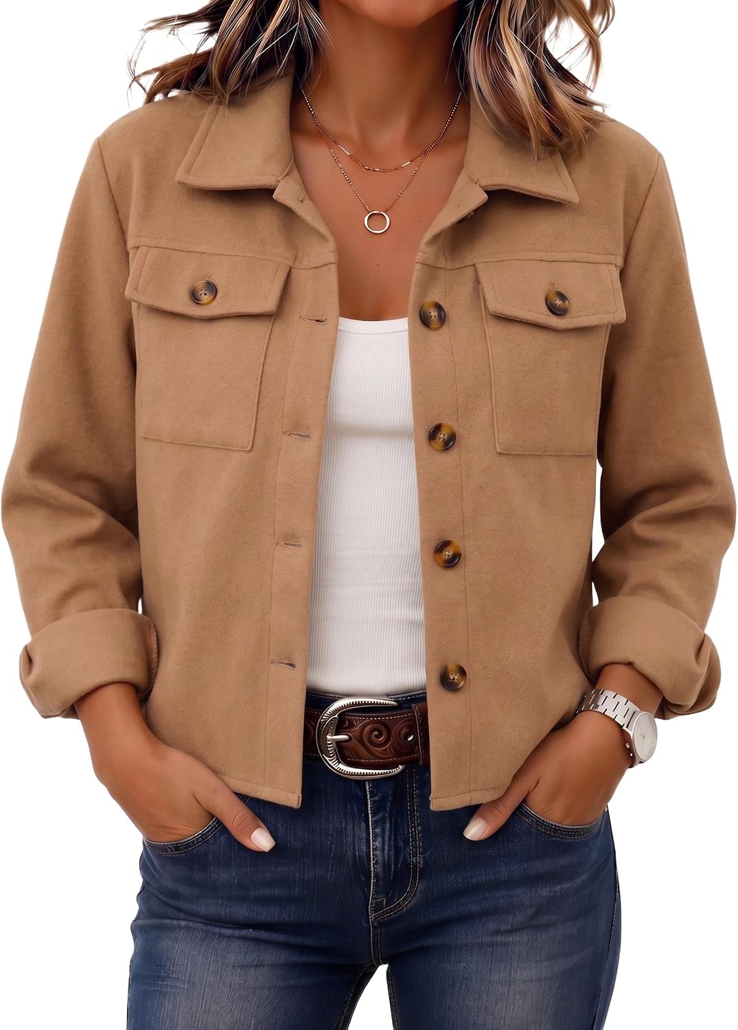 Zeagoo Flannels for Women Cropped Shacket Jacket Fashion Plaid Fall Coat