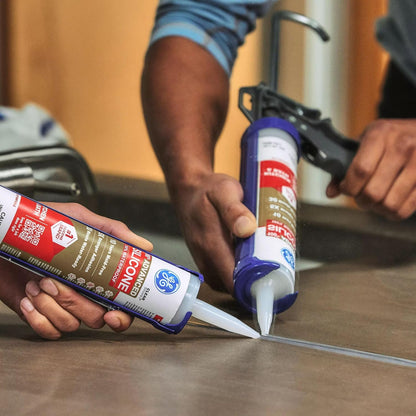 GE Advanced Silicone Caulk for Kitchen & Bathroom, White, 10 fl oz Cartridge, 1 Pack - 100% Waterproof Silicone Sealant, 5X Stronger Adhesion, Shrink & Crack Proof