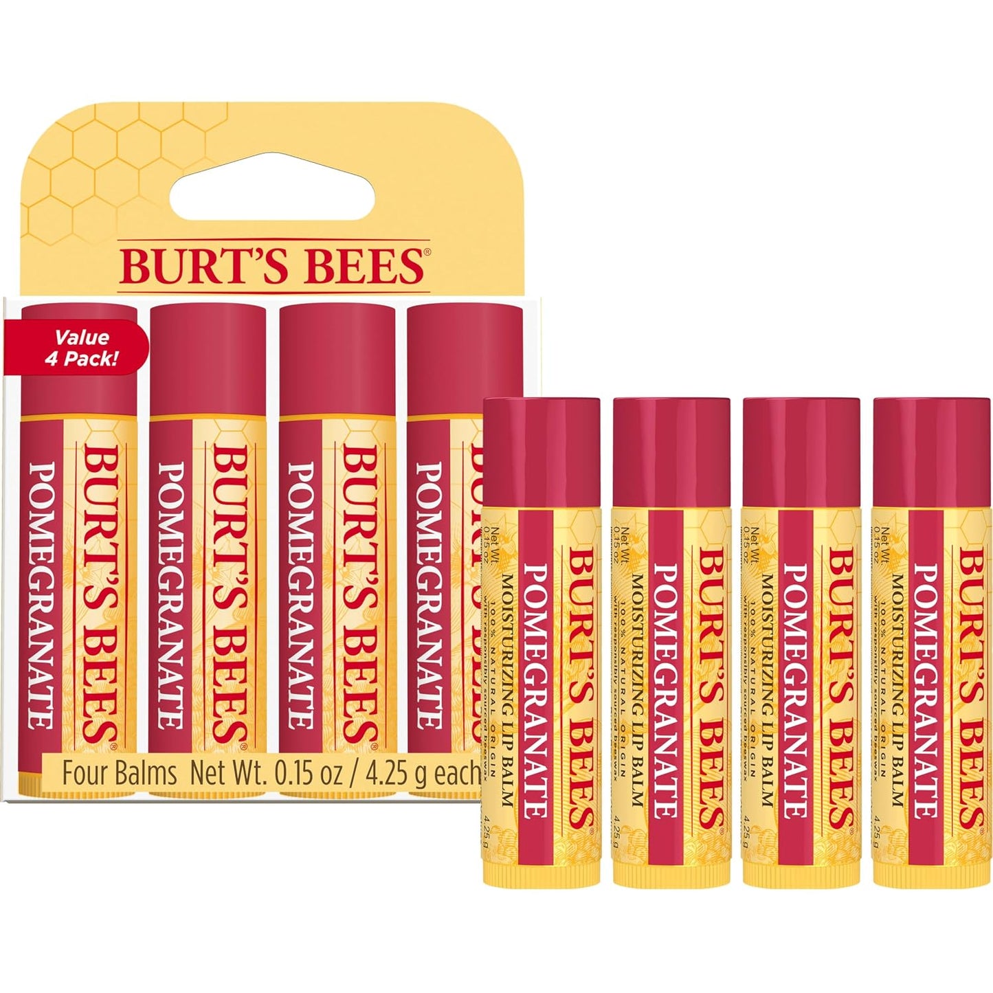 Burt's Bees Lip Balm, Pomegranate, 0.15 oz., 4 Tubes