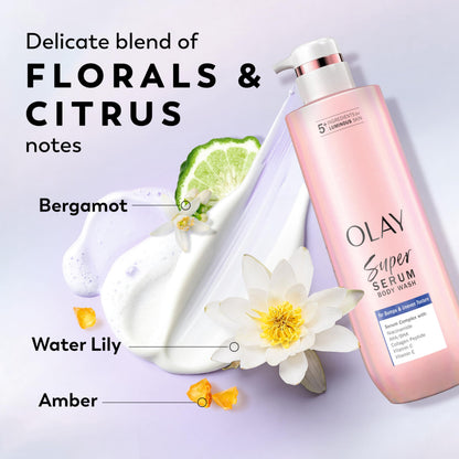 Olay Super Serum Body Wash for Extra Dry Skin, 24hr Long Lasting Rich Hydration, 5+ Ingredient Complex for Bright, Even, Firm, & Luminous Skin, with Collagen Peptide, Vitamin C & Shea Butter, 20 fl oz