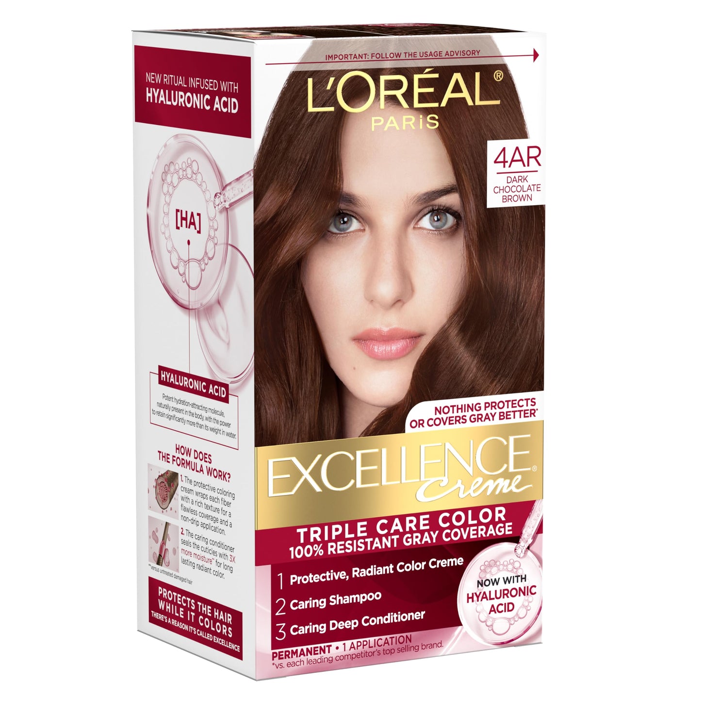 L'Oreal Paris Excellence Crème Permanent Hair Dye, Triple Care Hair Color with Hyaluronic Acid for 100% Gray Coverage, 4 Dark Brown, 1 Kit (Packaging May Vary)