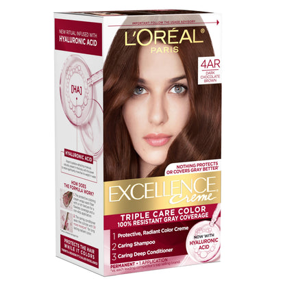 L'Oreal Paris Excellence Crème Permanent Hair Dye, Triple Care Hair Color with Hyaluronic Acid for 100% Gray Coverage, 4 Dark Brown, 1 Kit (Packaging May Vary)