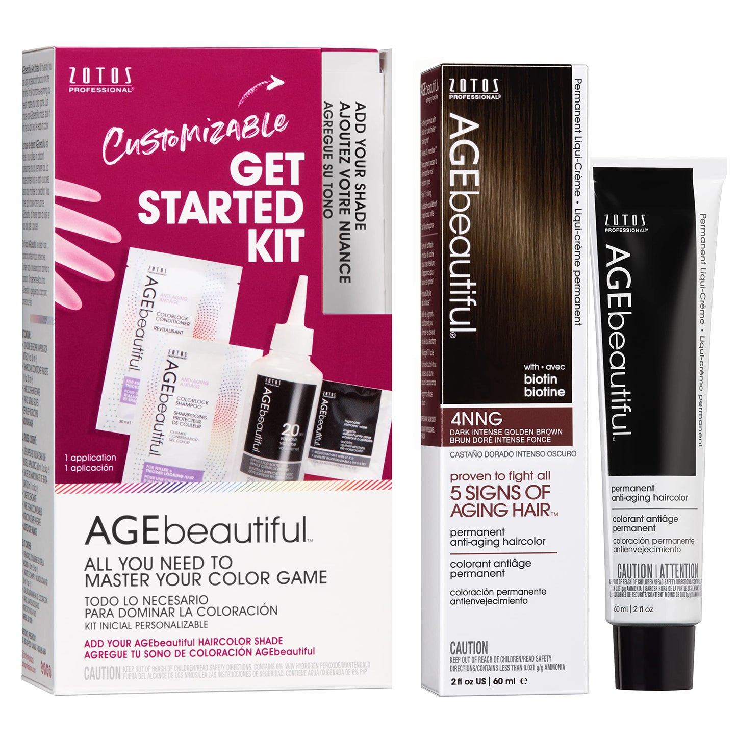 AGE beautiful Permanent Hair Color Cream, 100% Gray Coverage Hair Dye with Biotin Anti-Aging Formula for Fuller, Thicker Hair, Professional Salon Quality
