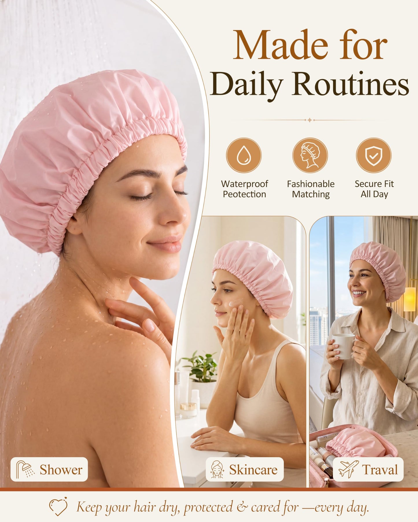 Edoneery Shower Caps for Women Reusable Waterproof, Shower Hair Cap
