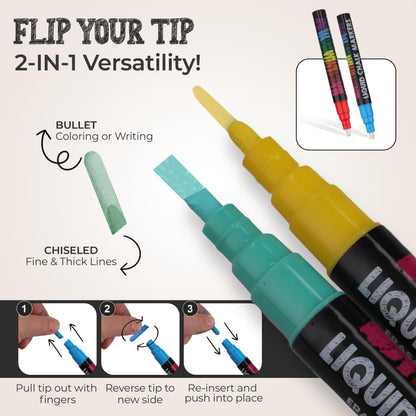 Bandle B. Chalk Markers - 8 Vibrant, Erasable, Non-Toxic, Water-Based, Reversible Tips. For Glass or Chalkboard Markers for Businesses, Restaurants, Liquid Drawing Chalk (Vibrant 6mm)