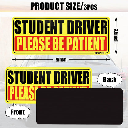 SINGARO Student Driver Magnet for Car - Please Be Patient, 3Pcs Magnetic Reflective Novice Sticker, New Driver Decal, Removable Exterior Car Accessories