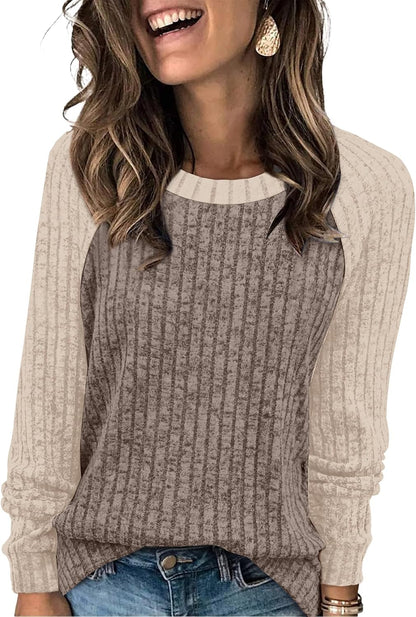 WIHOLL Long Sleeve Shirts for Women Lightweight Sweaters Fall Outfits 2026 Color Block Winter Clothing Dressy Casual Soft