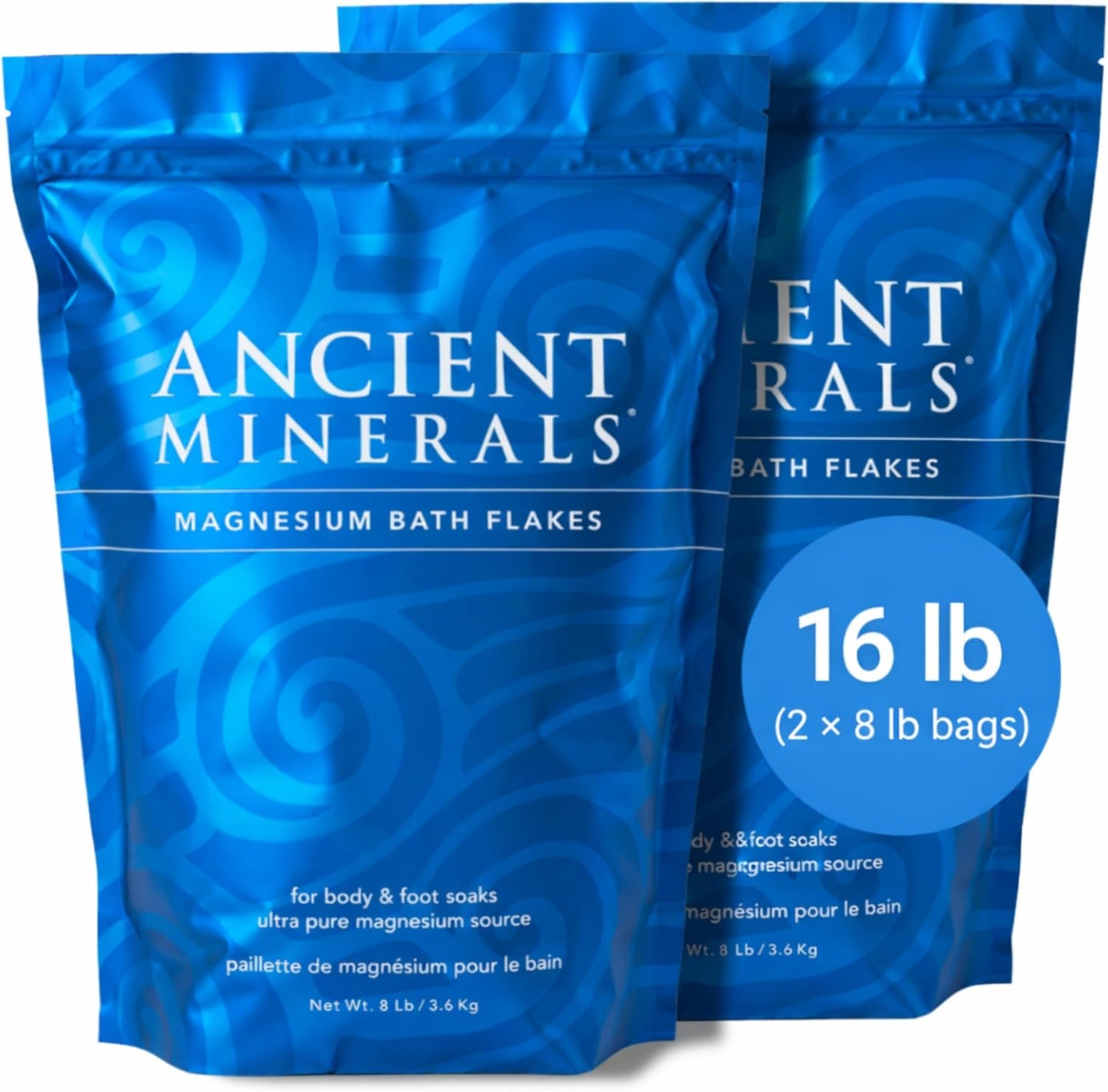 Ancient Minerals Magnesium Bath Flakes – Pure Zechstein Magnesium Chloride for Soaking and Whole-Body Replenishment, 8 lb Bag (Pack of 3)
