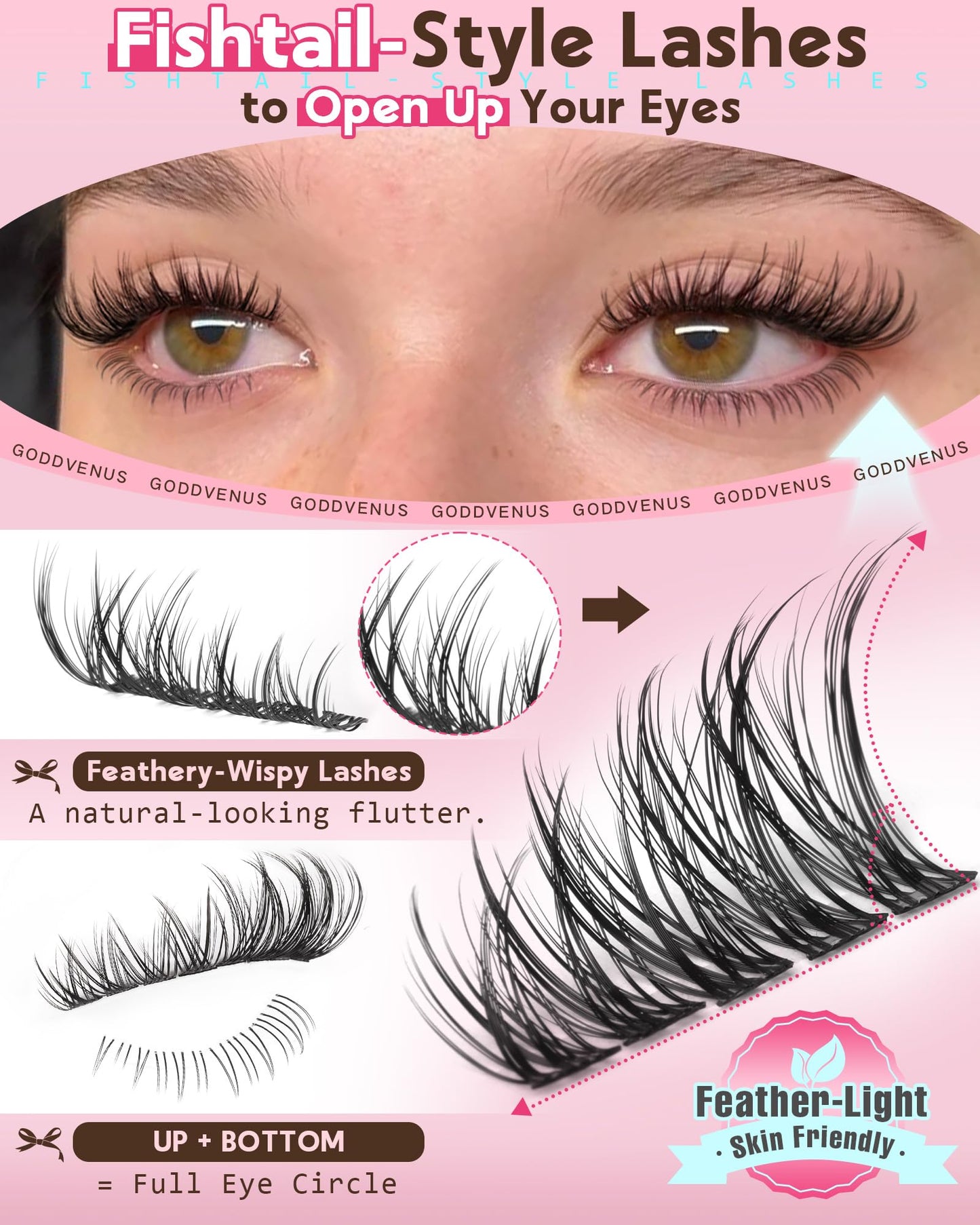 Goddvenus Brown Wispy Eye Lash Clusters Kit Natural Cluster Eyelash Extensions Kit False Eyelash Clusters Fluffy DIY Individual Lash Extensions Kit C Curl